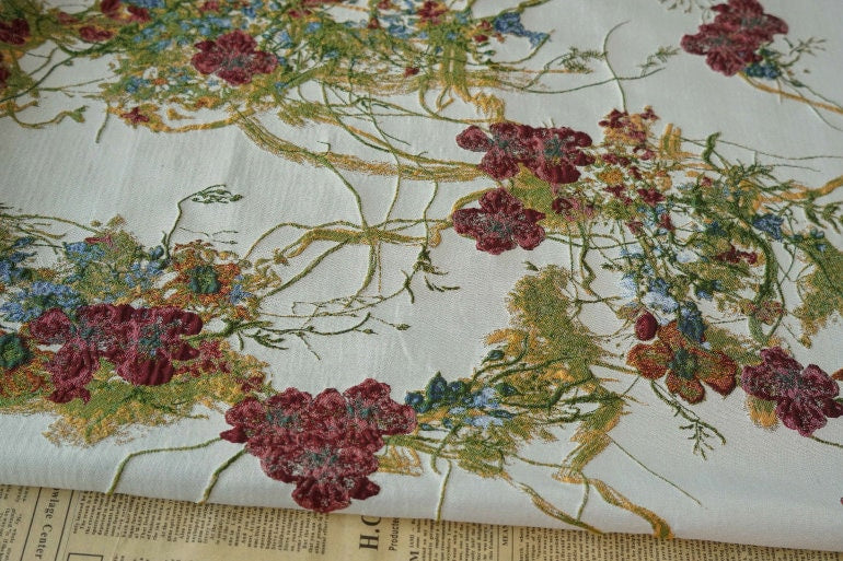 Vine Flower Jacquard Fabric: 3D Oil Painting Texture, 58" Wide