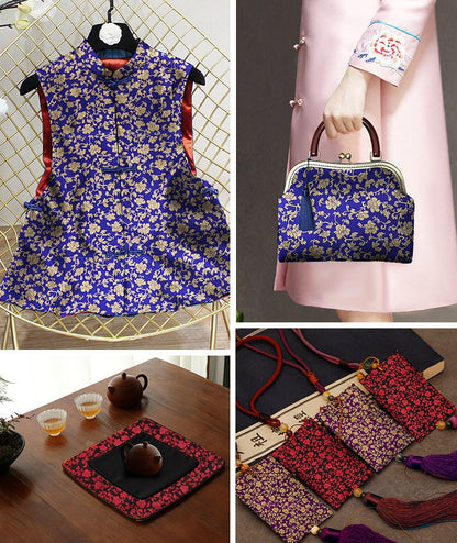 Damask Brocade Fabric: 35"W Chinese Floral Jacquard Satin, Rayon by the Meter