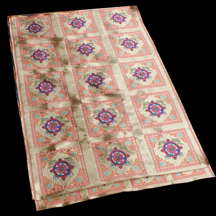29"W Vintage Tibetan Brocade Fabric: Silk Satin Upholstery Textile