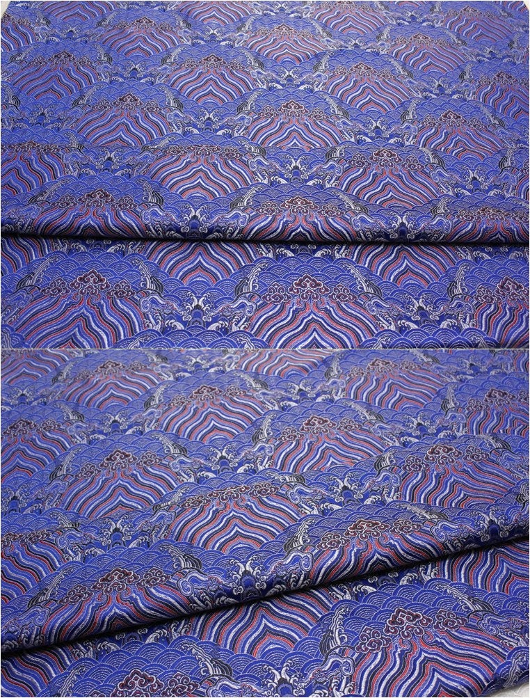 Tissu brocart de soie et rayonne à motif vagues océaniques : Jacquard traditionnel (29,5 po/75 cm)