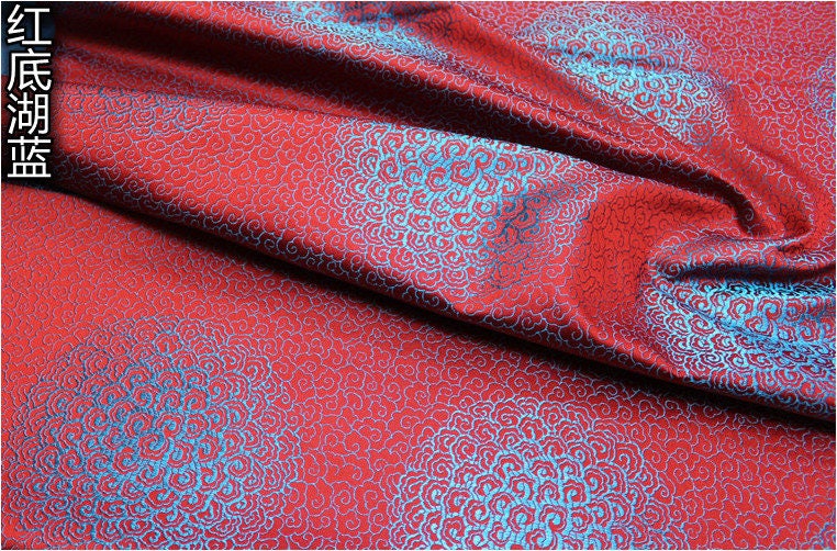 Cloud Brocade Fabric: Red & Blue Jacquard, Costume Dress Material