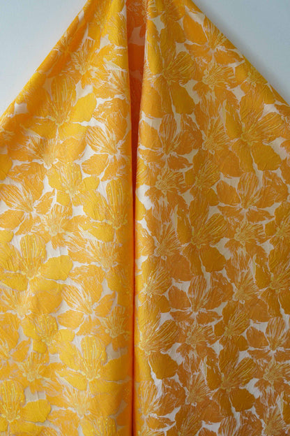 Tissu jacquard floral 3D orange et jaune en relief ��� Ameublement décoratif, rideaux, confection de vêtements, textiles de mode"Large