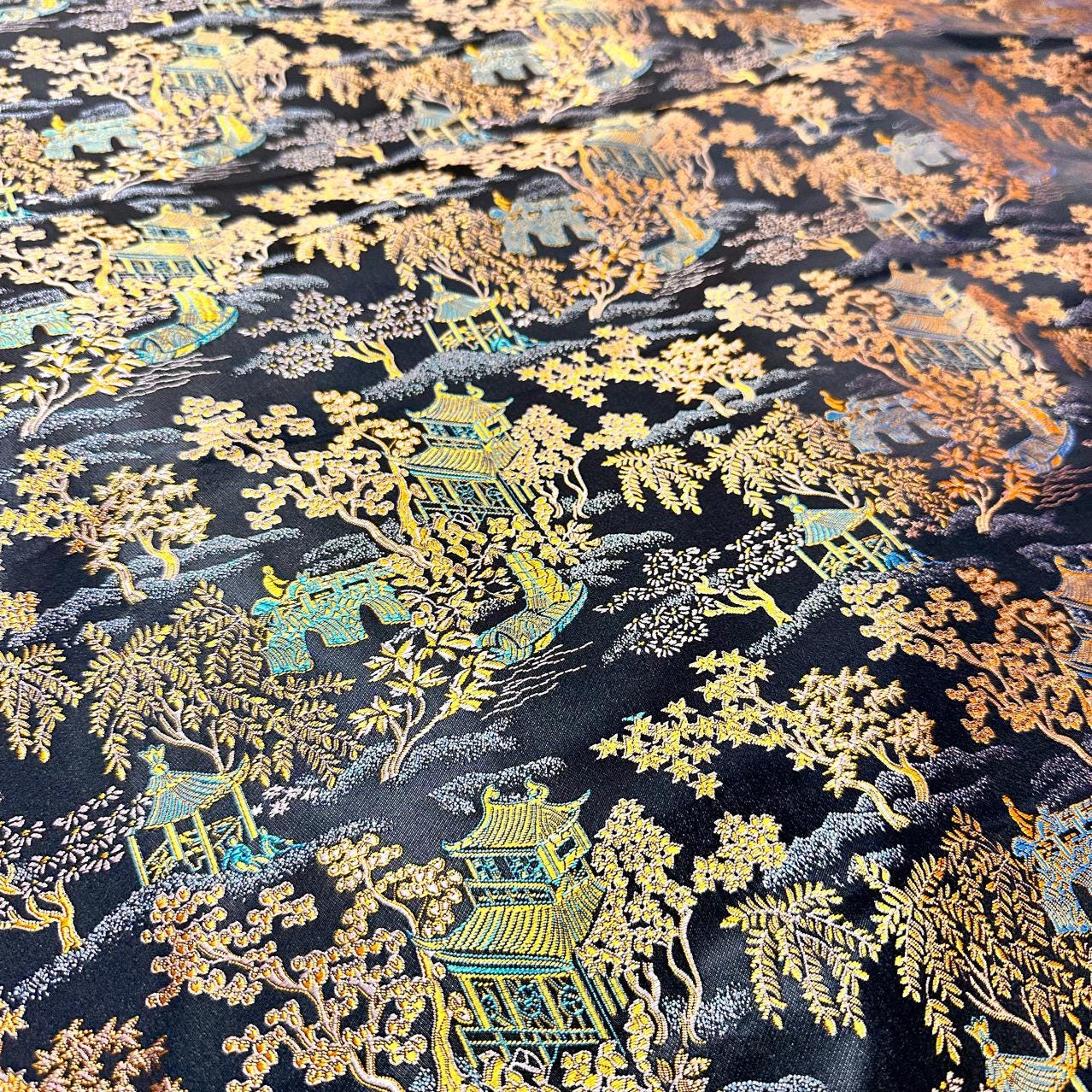 Ancient Chinese Brocade Fabric: 59"W Damask Pattern, Upholstery & Sewing