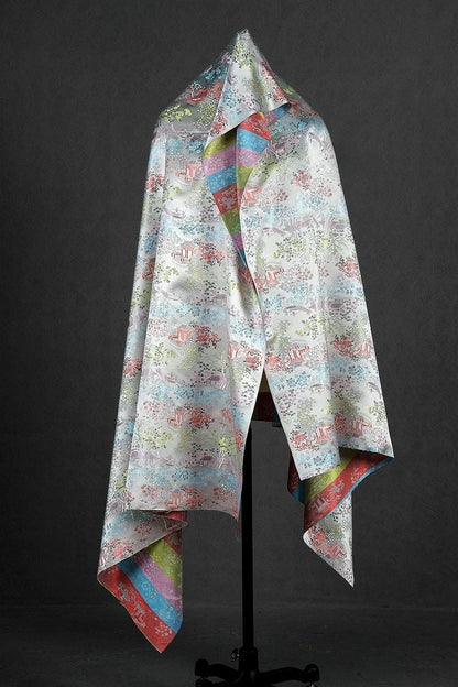 Silver White Brocade Fabric: Ancient Chinese Painting Pattern, 45" Wide