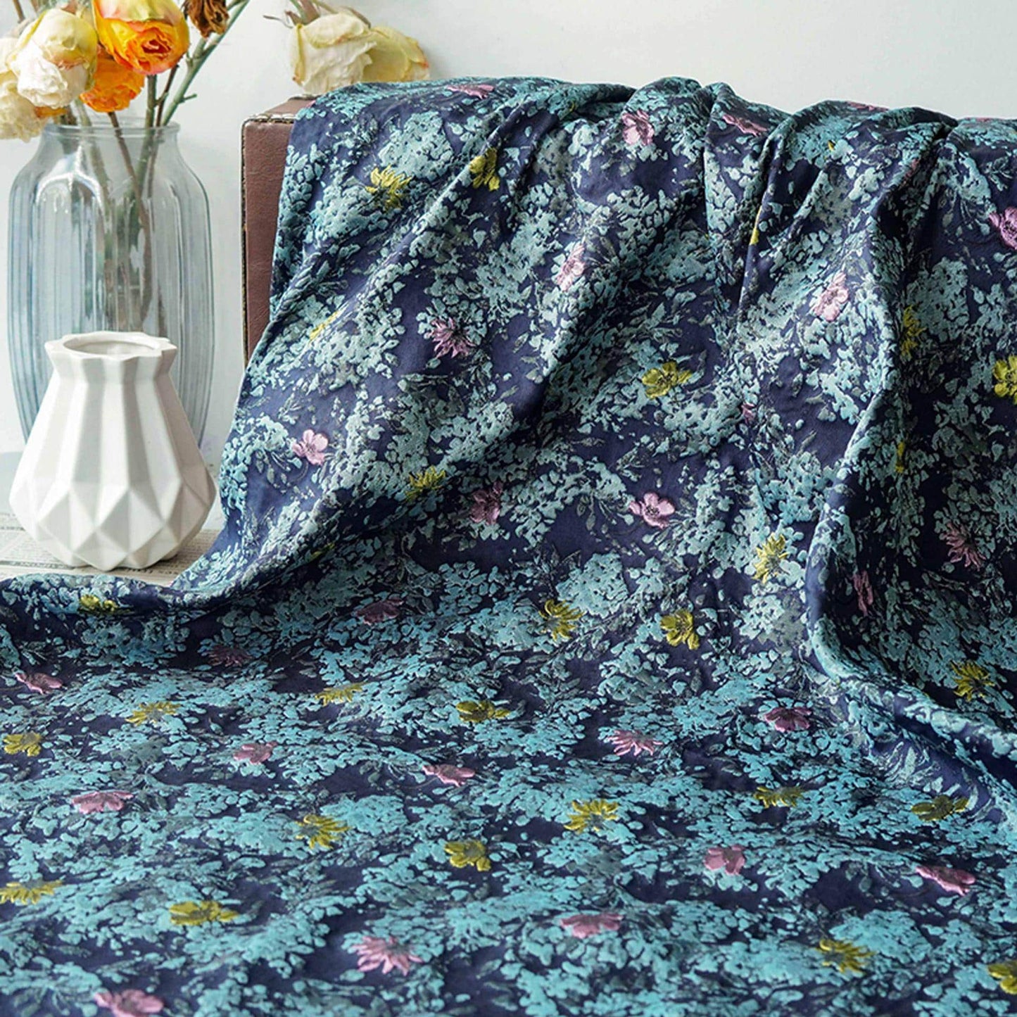 Blue Floral Embossed Jacquard Fabric: DIY Handbag & Upholstery Material (64" Wide)