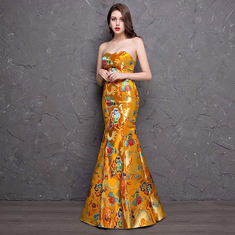 Chinese dragon robe, cheongsam, Tibetan robe, spinning Fabric, silk, satin, and brocade, 29"W