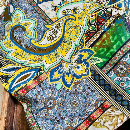 Tissu en coton des années 1960 : imprimé cachemire coloré, 150 cm de large