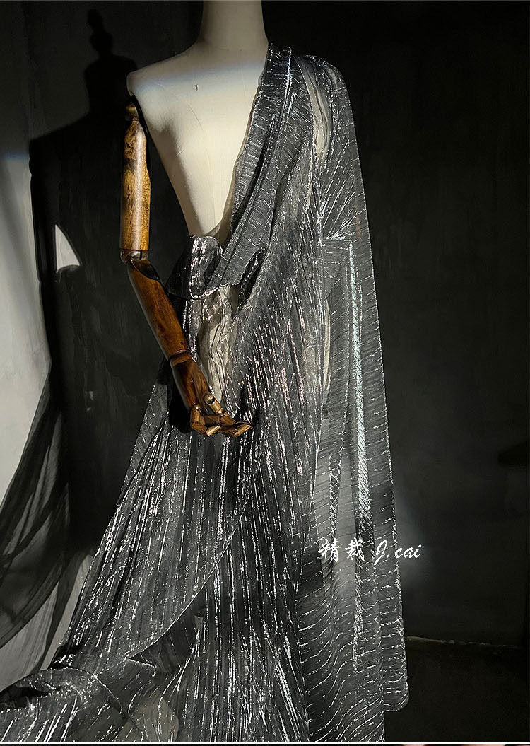Tissu en maille plissée transparente à paillettes, 150 cm de large, fil doré et argenté