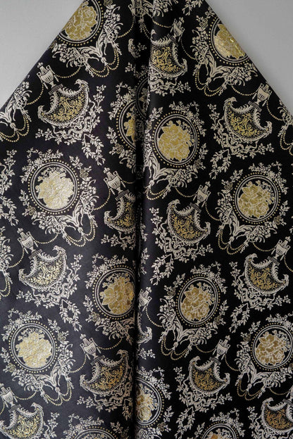 Baroque Floral Jacquard Fabric: Black Gold Upholstery Material - 55"W