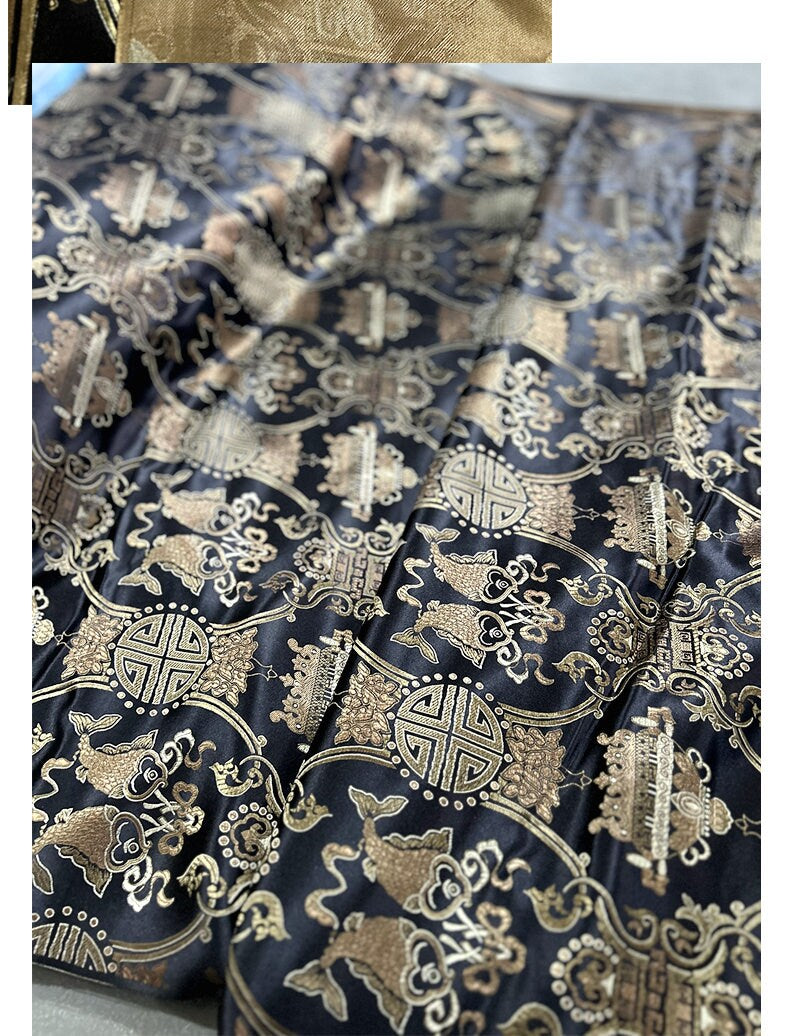 Chinese Silk Brocade Fabric: Pisces Double Fish Decor, 35" Wide