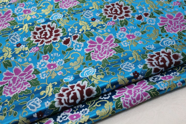 Sky Blue Silk Brocade Fabric: Peony Flower Design, 29"W
