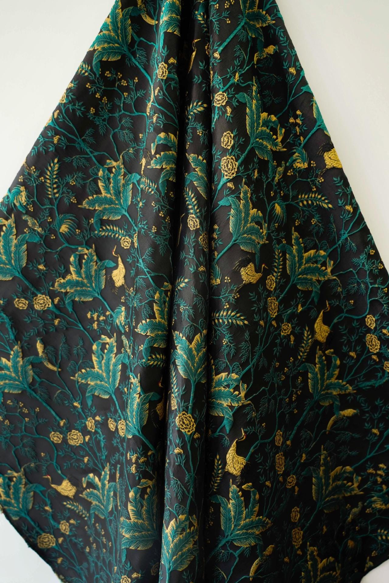 Dark Green Jacquard Fabric: Gold Thread 3D Designer Fabric, 65" Wide