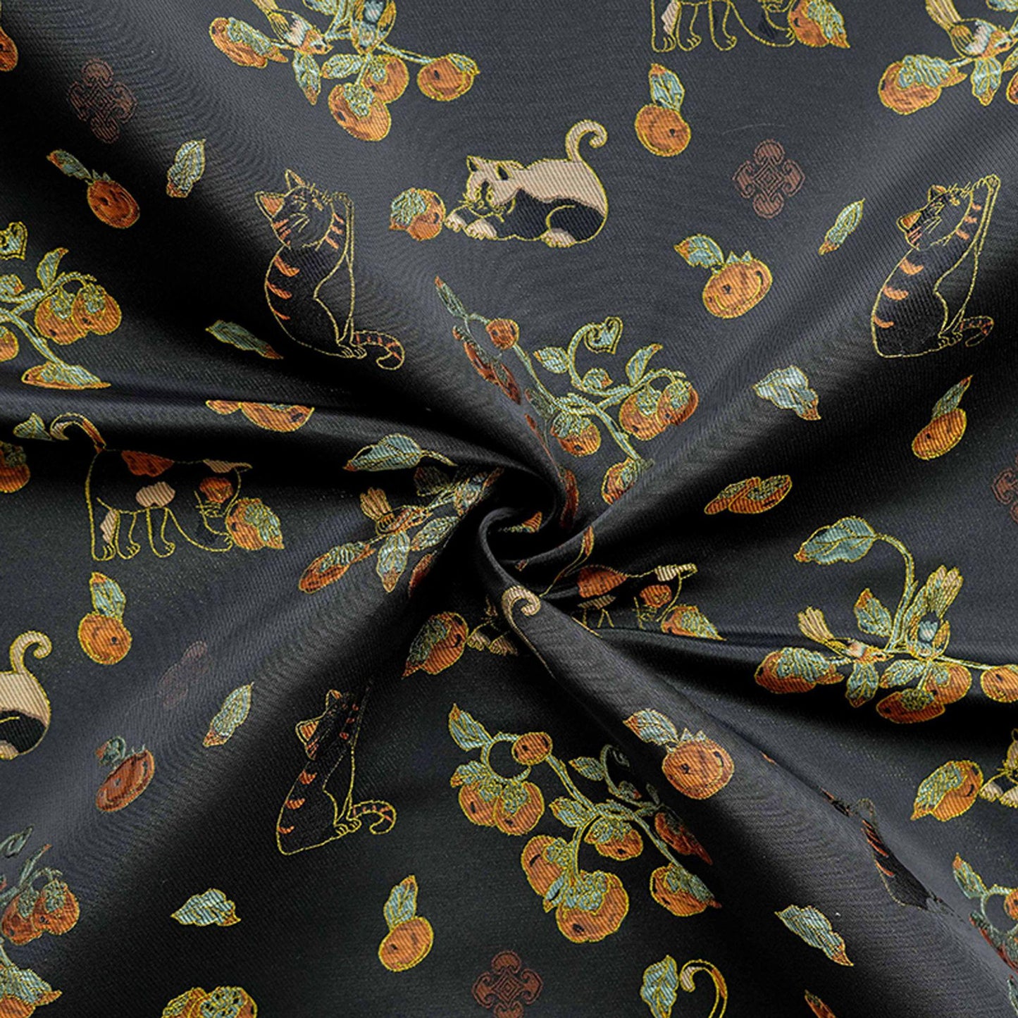 Luxury Cat & Persimmon Jacquard Fabric with Gold Accents for Handbags, 65"Wide