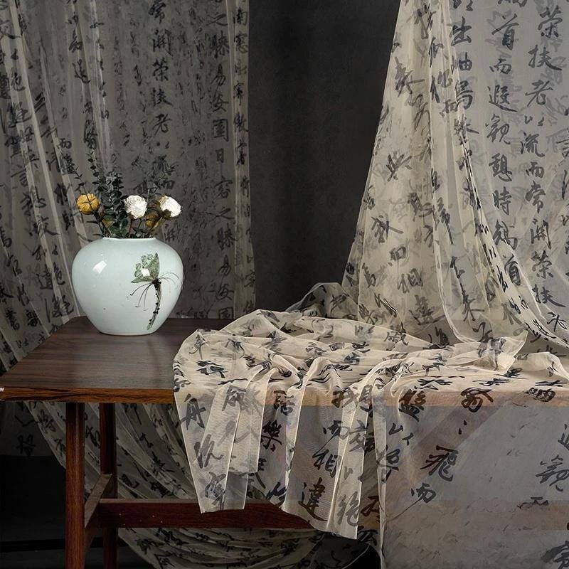Calligraphy Veil Fabric: Champagne Hanfu Style Polyester (by 1 meter)