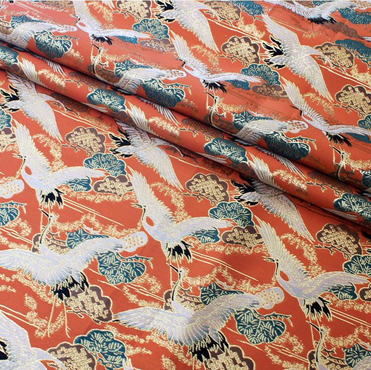 Crane Jacquard Satin Fabric: Gold Thread Bird Pattern (58"W)
