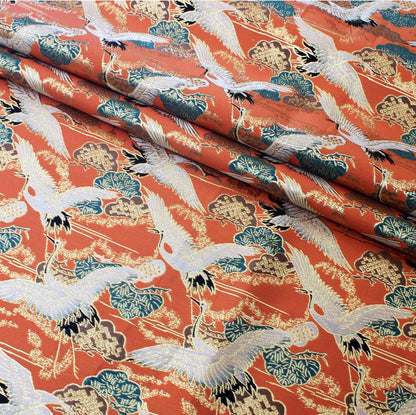 Crane Jacquard Satin Fabric: Gold Thread Bird Pattern (58"W)