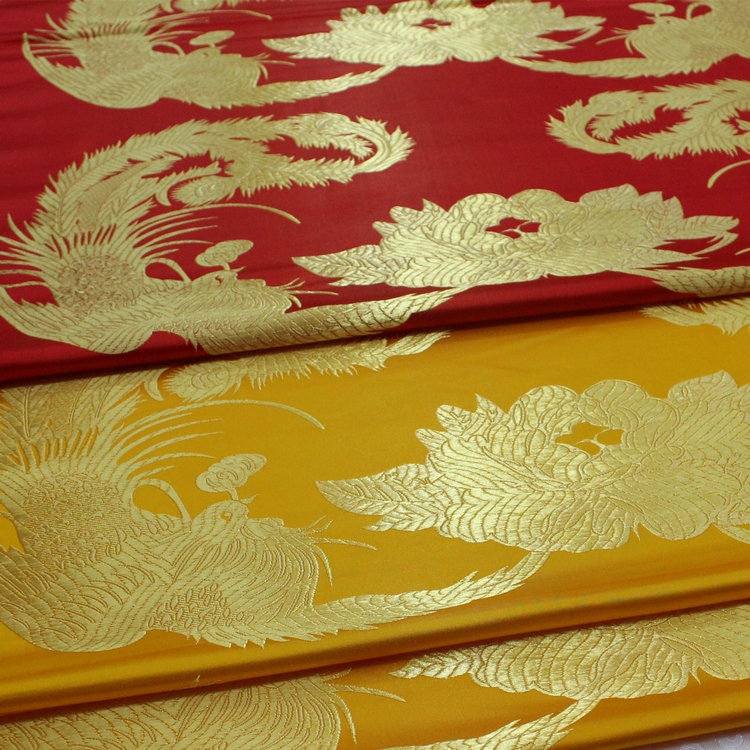 Red & Gold Phoenix Jacquard Satin Brocade Fabric - Chinese Wedding Dress Fabric By The Meter