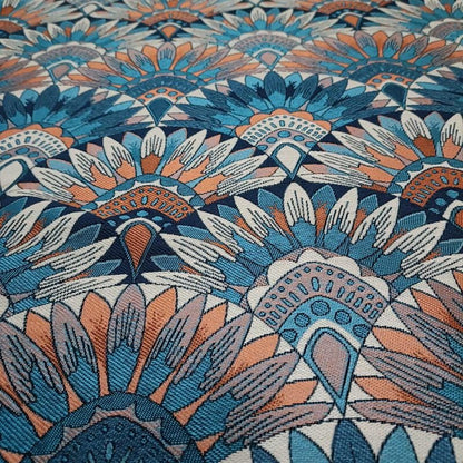 Bohemian Jacquard Woven Fabric: Blue & Orange Embossed Upholstery - 55"W