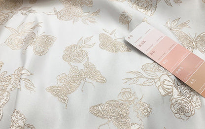 Gold Butterfly Jacquard Fabric: 59"W Beige Rayon Dress Fabric