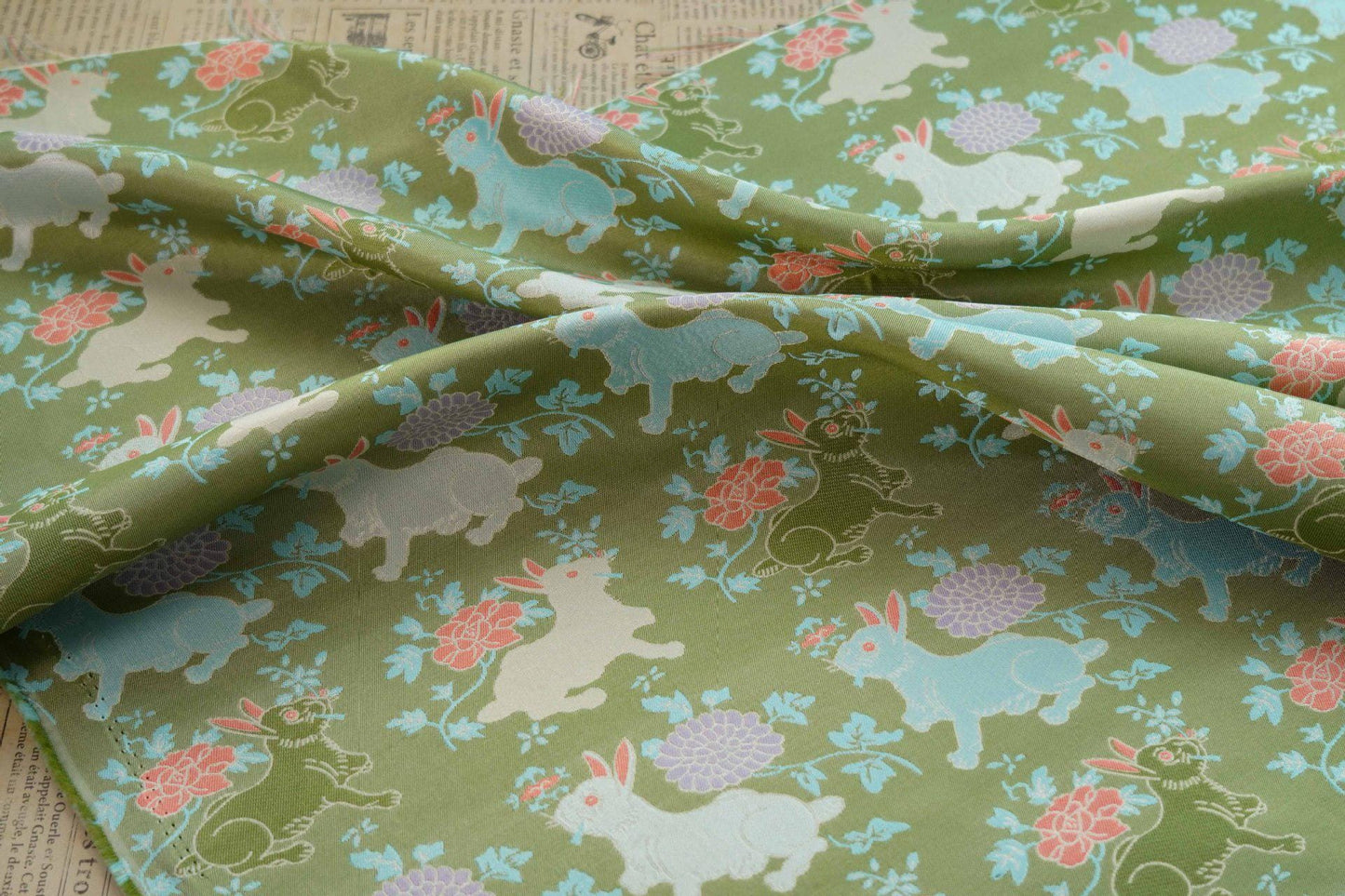 Bean Green Rabbit Brocade Fabric: 66"W Rayon Blend, Cheongsam Sewing
