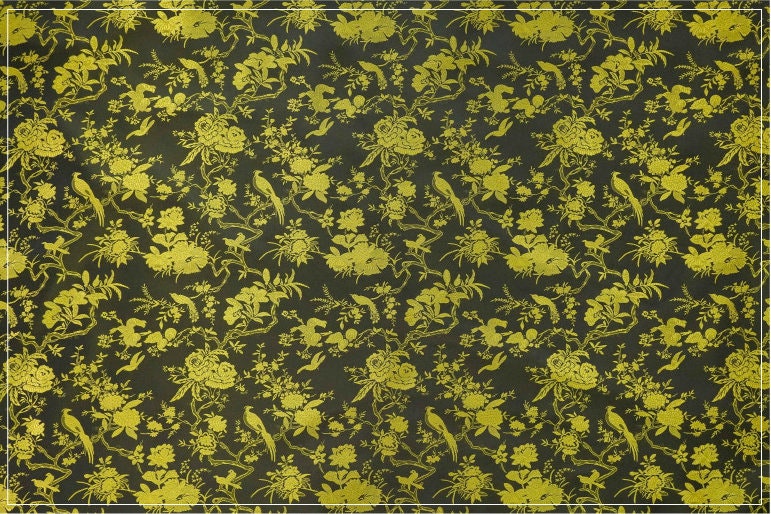 Black Gold Chinese Brocade Fabric Wild Bird and Azalea Cushion cover, pillow case, cheongsam, Qipao, Upholstery, Costume, bag, Sewing/Fabric