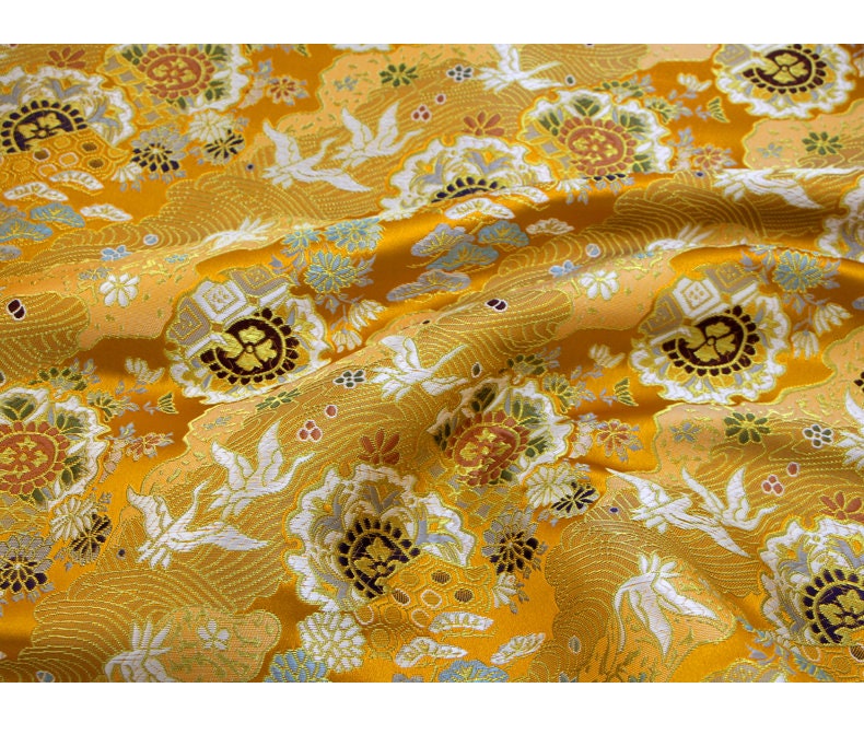 Tissu Kinran de Nishijin Crane : Brocart de soie jacquard damassé noir (largeur 59")