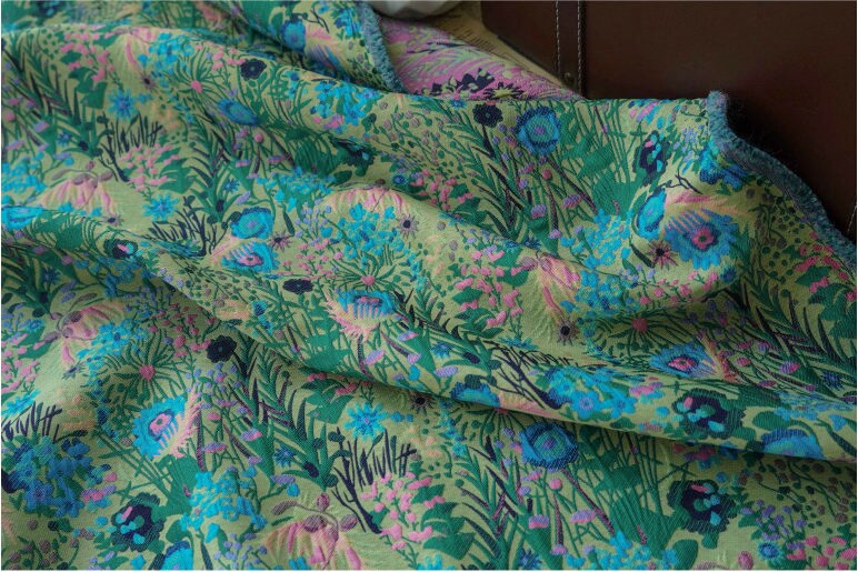 Floral Jacquard Woven Fabric: Reversible 3D Green Flower Pattern, 54"W