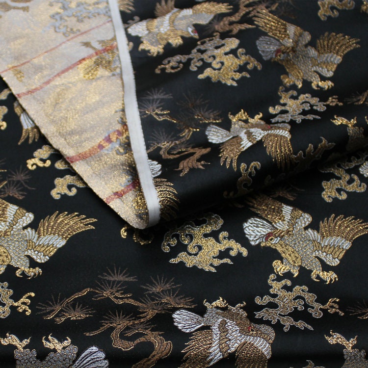 Japanese Silk Brocade Fabric: Ancient Totem Eagle Design, 29.5" Wide