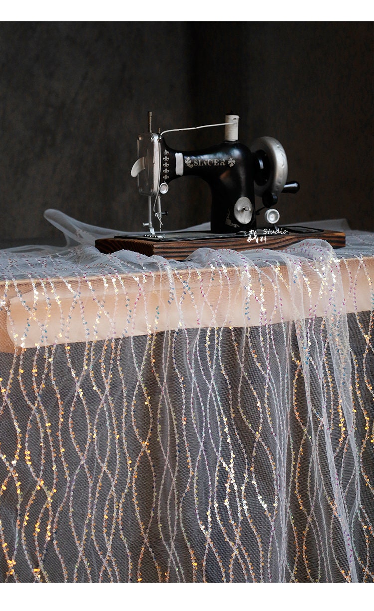 Mermaid Wave Mesh Fabric, Sequin Fish Scale Embroidery, 59" Wide