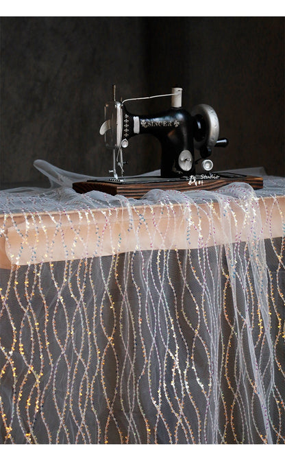 Mermaid Wave Mesh Fabric, Sequin Fish Scale Embroidery, 59" Wide