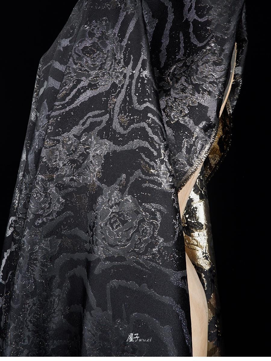 Gold & Silver Rose Polyester Fabric: Shiny Designer Material, 45"W