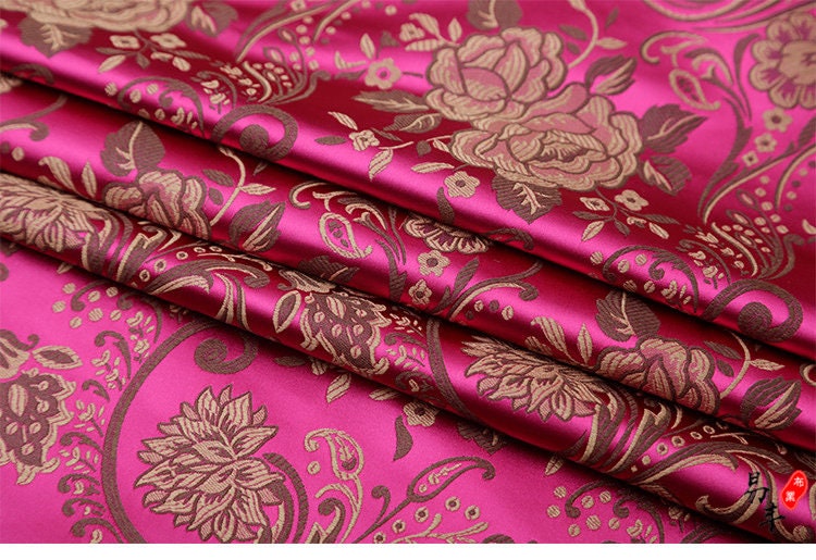 Peony Flower Brocade Fabric: 29.5"W Rayon Nylon Blend, Upholstery & Sewing By The Meter
