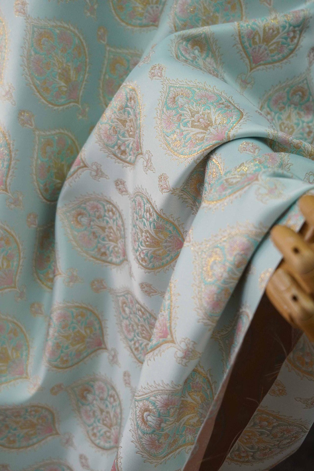 Gold Thread Jacquard Fabric: Foil Peacock Feather Upholstery, 59" Wide