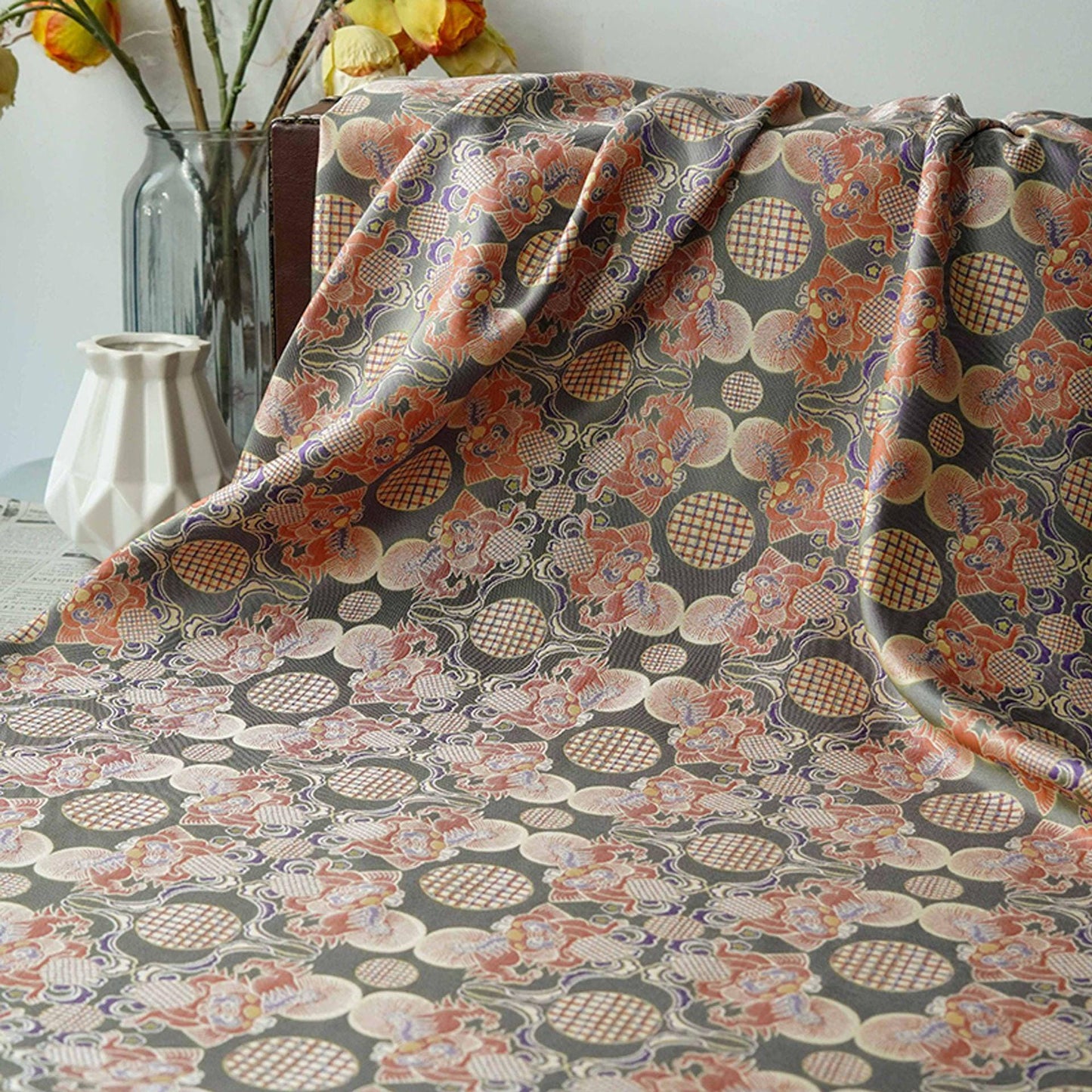 Lion Ball Shu Brocade Fabric | Traditional Qipao Hanfu Costume Upholstery