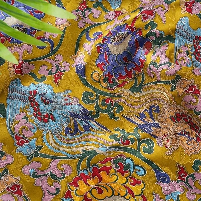 Gold Shantung Rayon Fabric: Dunhuang Pattern Upholstery, Costume, Scarf