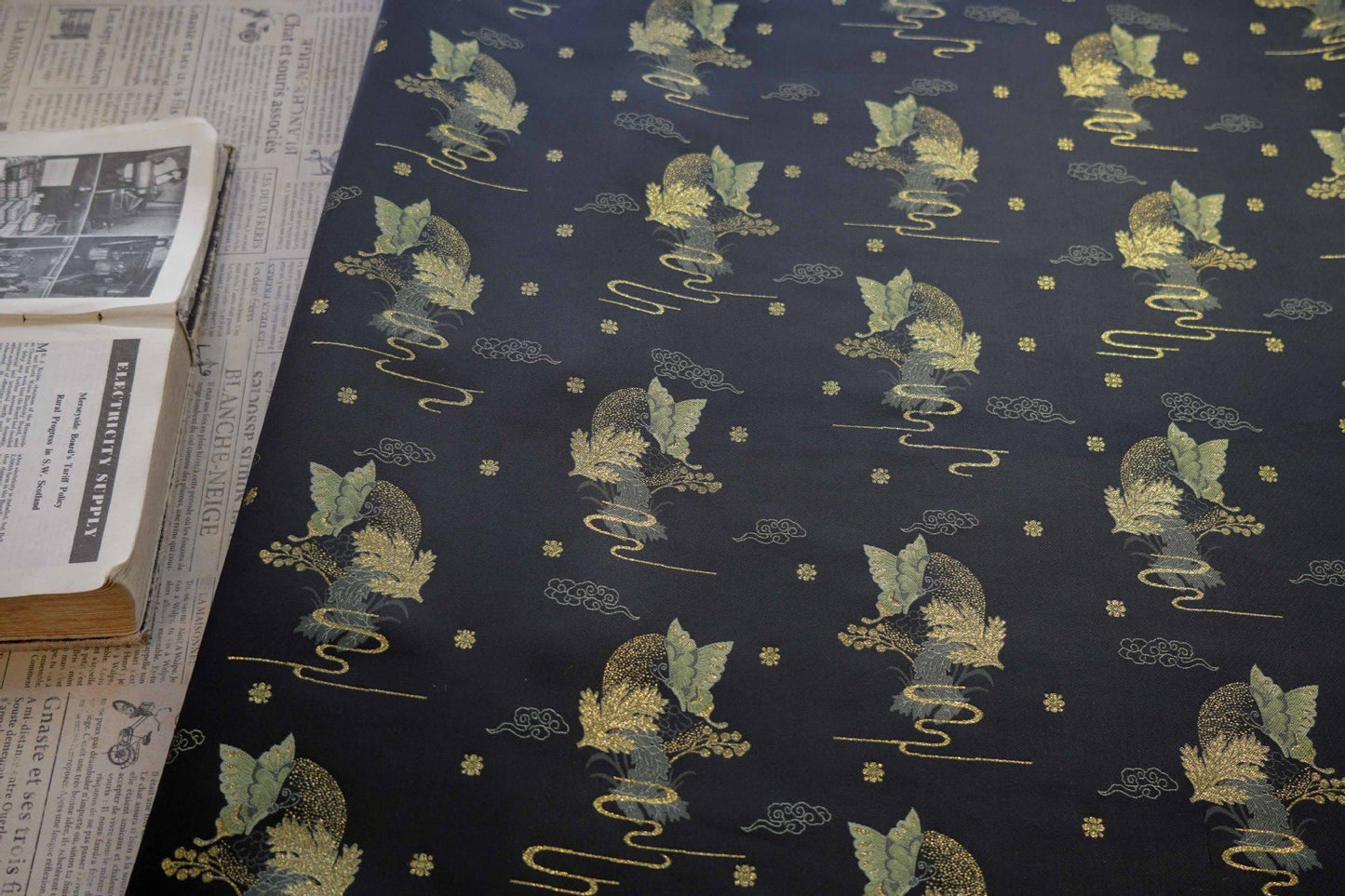 Black Jacquard Fabric: Gold Butterfly Pattern, Upholstery & Sewing (59" W By 1 Meter)