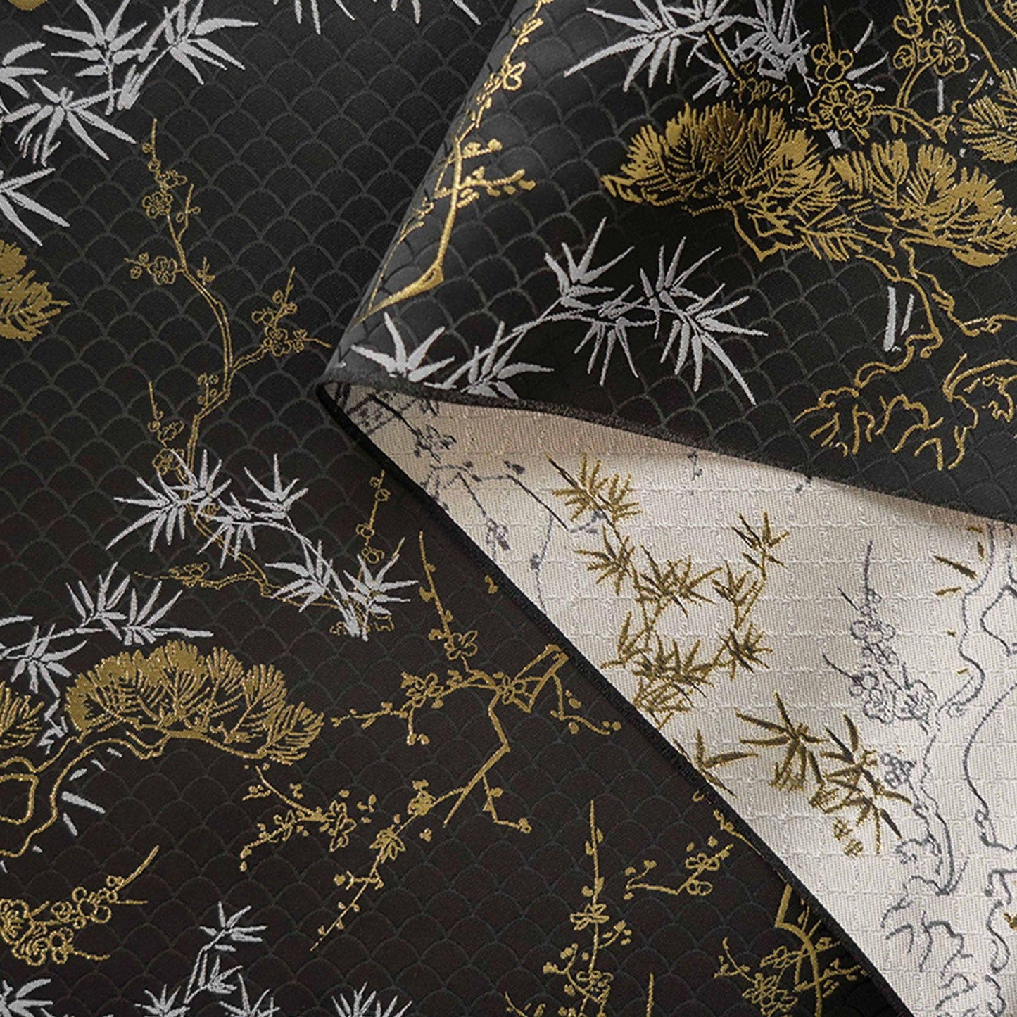 Japanese Kirin Nishijin Brocade Fabric: Black Upholstery, Costume, Decor (65" Wide)