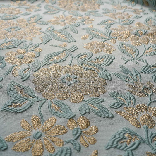 Gold Thread Floral Jacquard Fabric: Mint Green 3D Texture (55" W)