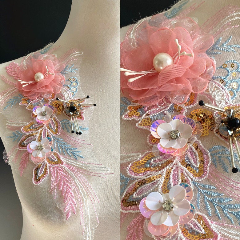 3D Embroidery Flower Applique: Handmade Organza Lace (30x13cm)