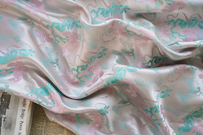 Beige Song Brocade Fabric: Wishful Crane Pattern Silk Rayon