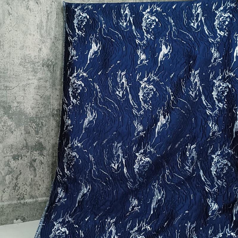 Gold & Blue Jacquard Fabric: 3D Texture Mercerized Designer Fabric