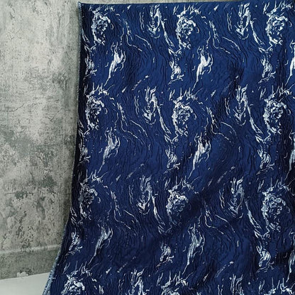 Gold & Blue Jacquard Fabric: 3D Texture Mercerized Designer Fabric