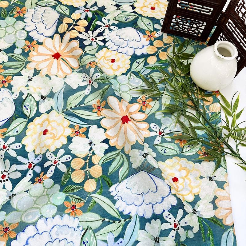 Tissu en coton imprimé numérique à motif floral des profondeurs marines ���� Quilting, confection de vêtements, couture, matériel de loisirs créatifs"Large
