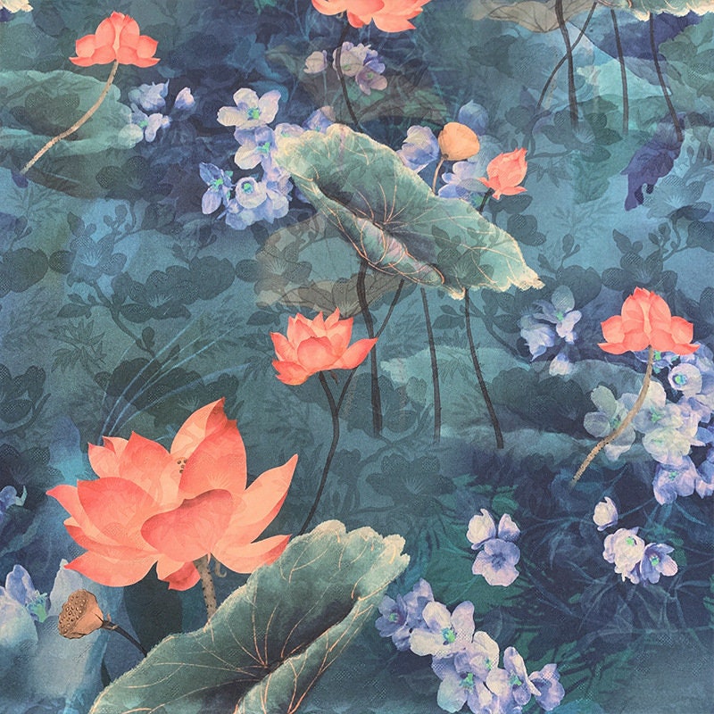Lotus Flower Print Fabric: Botanical Polyester Spandex Blend, 55" Wide