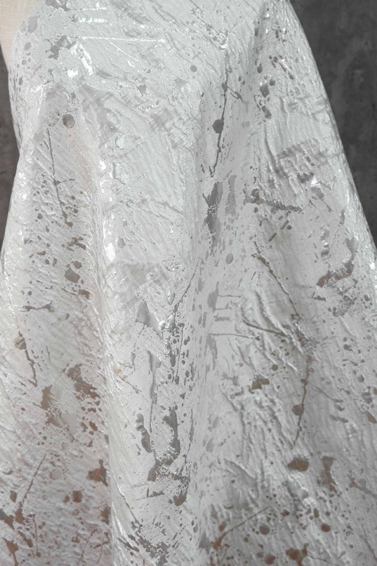Abstract Splatter Jacquard Fabric: Silver White Embossed Upholstery Material (54" Wide)