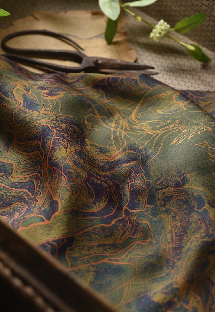 Mountains Ink Painting Cotton Fabric: Drapery, Upholstery, Costume - 55"W