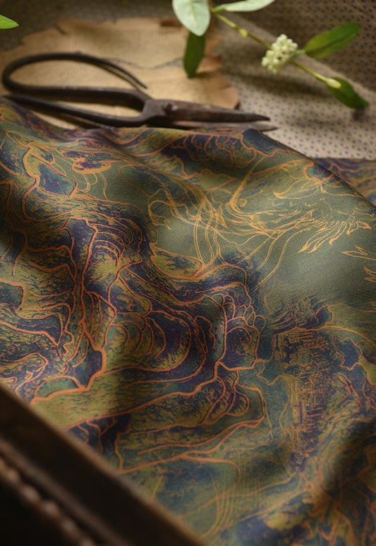 Mountains Ink Painting Cotton Fabric: Drapery, Upholstery, Costume - 55"W