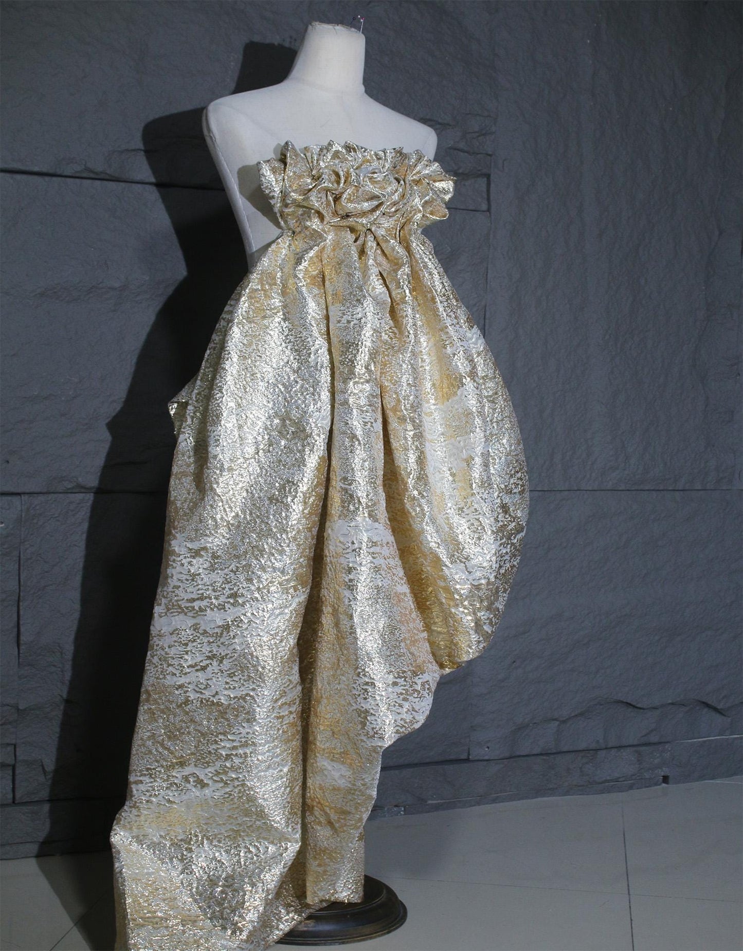 Metallic Gold Thread Jacquard Fabric: 3D Embossed Woven Material, 59"W