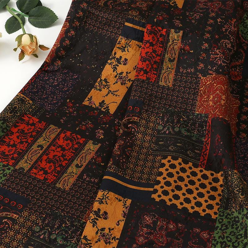 Bohemian Geometric Jacquard Tea Silk Satin Fabric: 59"W Upholstery & Costume