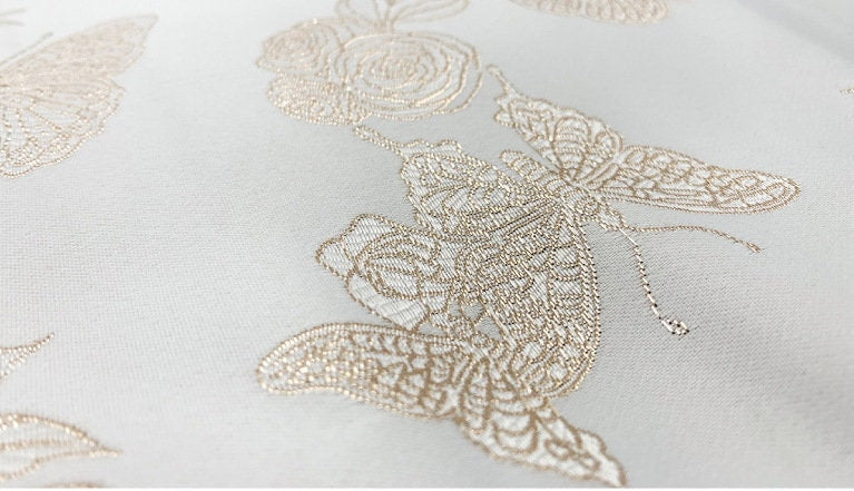 Gold Butterfly Jacquard Fabric: 59"W Beige Rayon Dress Fabric